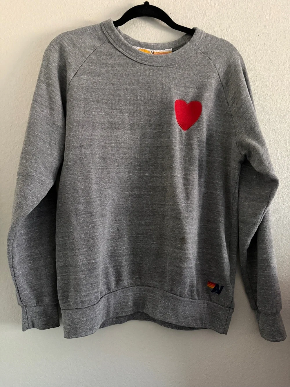 Aviator Nation Heart Stitch Relaxed Crew Sweatshirt Gray Red Heart